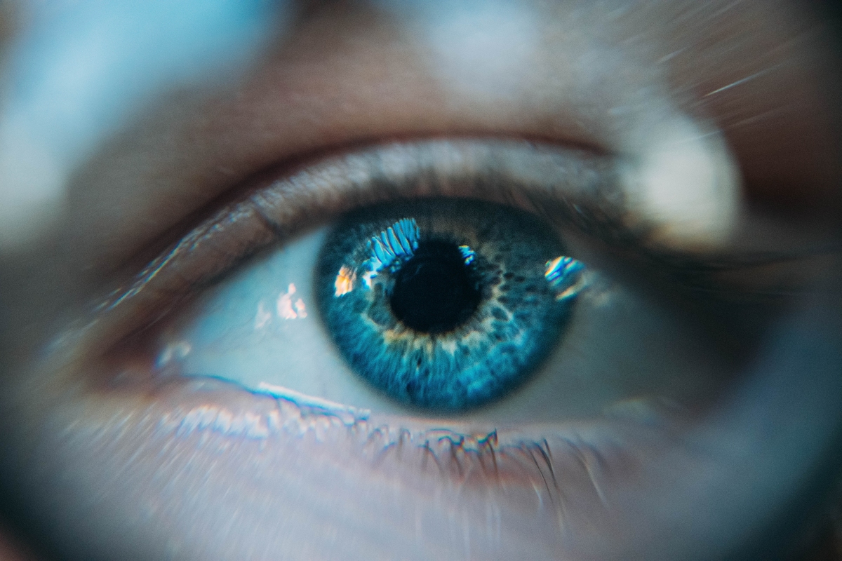 close up of woman's blue eye